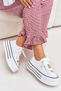 Trampki Damskie Na Platformie Ze Złotymi Przypinkami Białe Fiorina