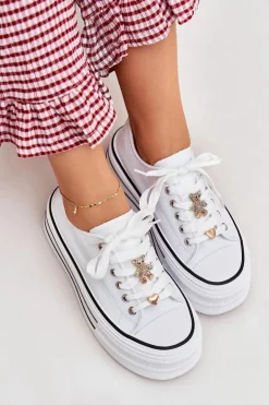 Trampki Damskie Na Platformie Ze Złotymi Przypinkami Białe Fiorina