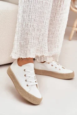 Trampki Damskie Na Platformie Z Plecionką Białe Princa