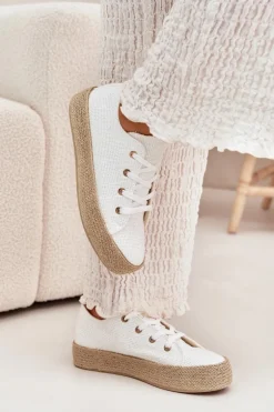 Trampki Damskie Na Platformie Z Plecionką Białe Princa