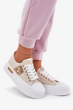 Trampki Damskie Na Platformie Z Ozdobnym Detalem Beżowe Annisae