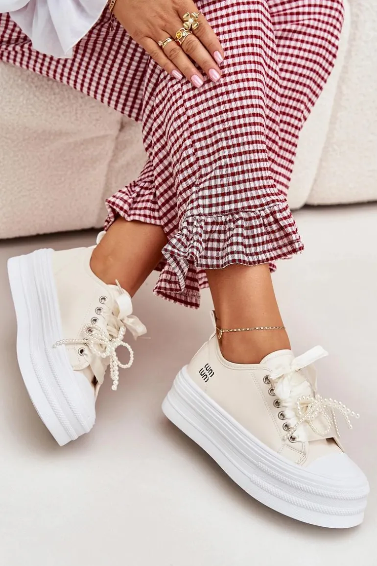 Trampki Damskie Na Platformie Z Ozdobnym Sznurowaniem Beżowe Tivora