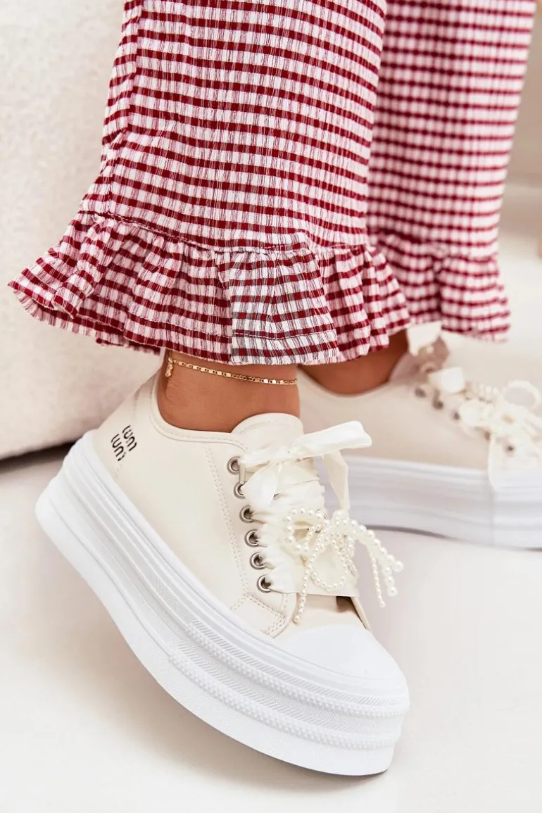 Trampki Damskie Na Platformie Z Ozdobnym Sznurowaniem Beżowe Tivora