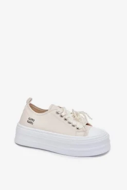 Trampki Damskie Na Platformie Z Ozdobnym Sznurowaniem Beżowe Tivora