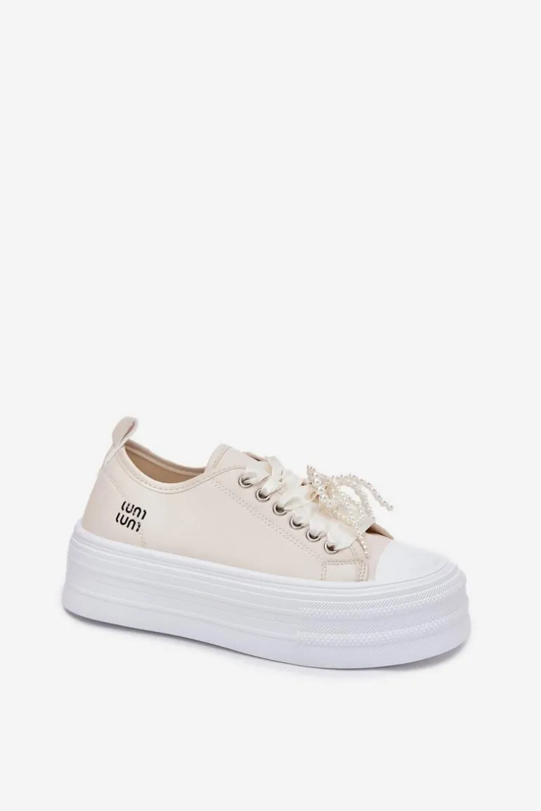 Trampki Damskie Na Platformie Z Ozdobnym Sznurowaniem Beżowe Tivora