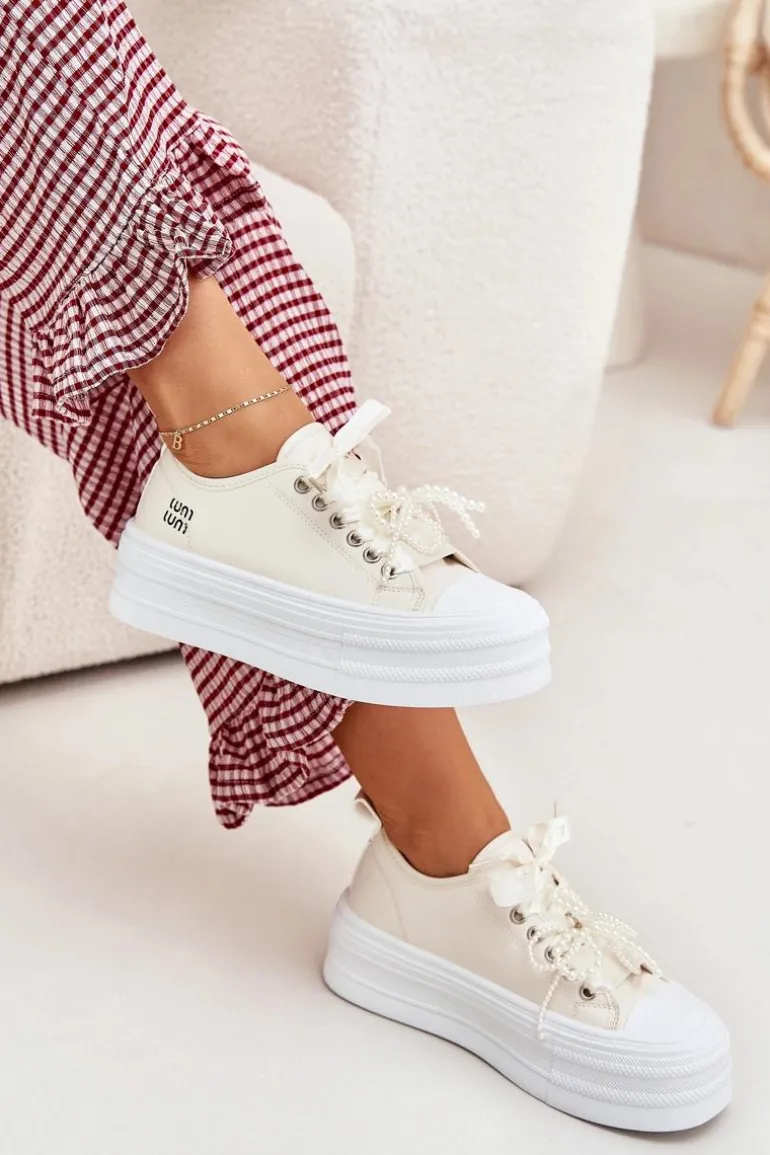 Trampki Damskie Na Platformie Z Ozdobnym Sznurowaniem Beżowe Tivora