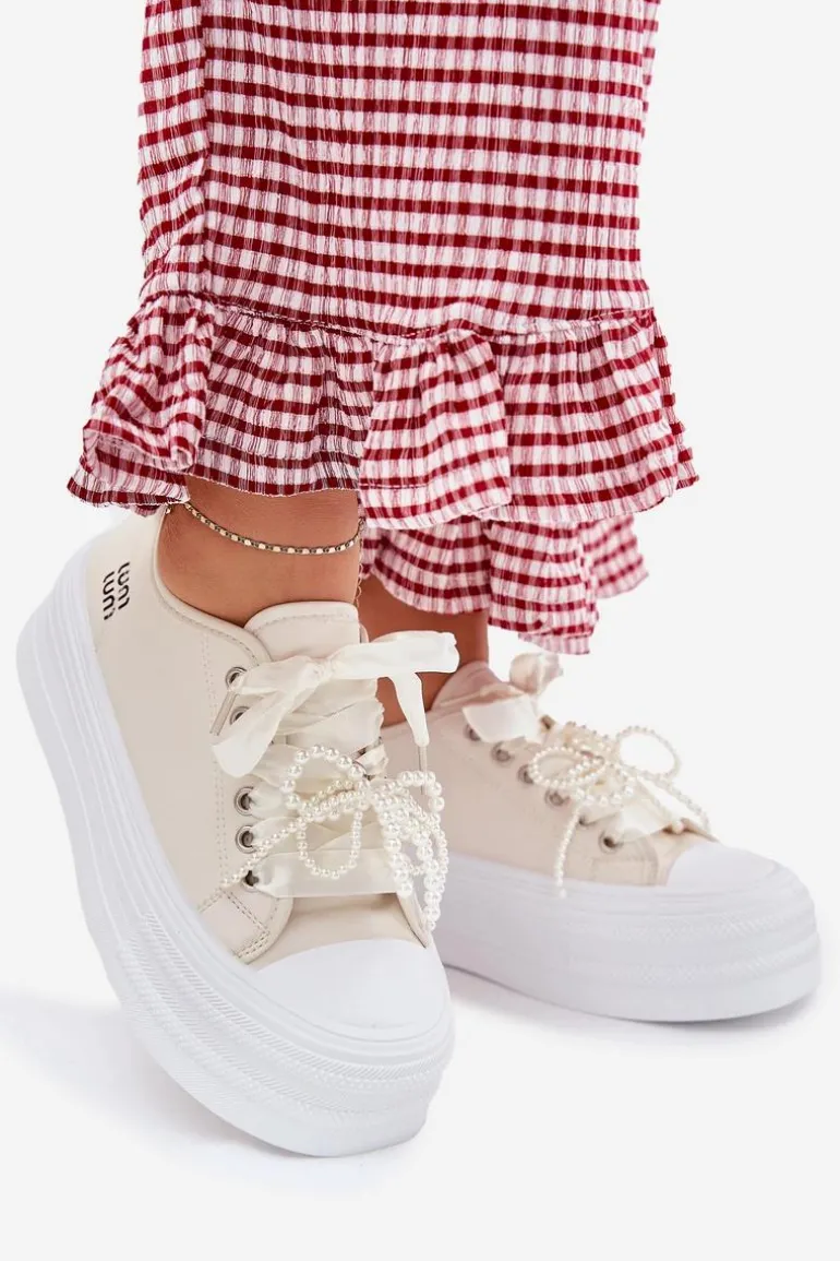 Trampki Damskie Na Platformie Z Ozdobnym Sznurowaniem Beżowe Tivora