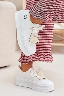 Trampki Damskie Na Platformie Z Ozdobnym Sznurowaniem Białe Tivora