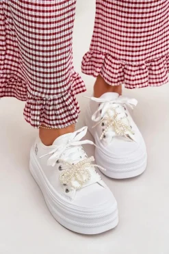 Trampki Damskie Na Platformie Z Ozdobnym Sznurowaniem Białe Tivora