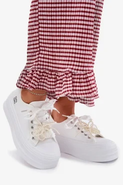 Trampki Damskie Na Platformie Z Ozdobnym Sznurowaniem Białe Tivora