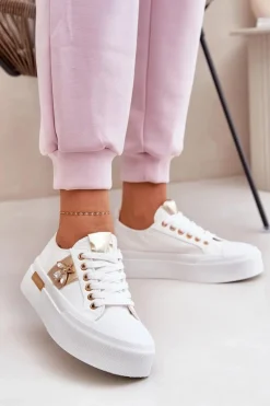 Trampki Damskie Na Platformie Z Ozdobnym Detalem Białe Annisae