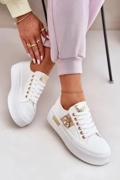 Trampki Damskie Na Platformie Z Ozdobnym Detalem Białe Annisae