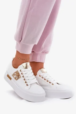 Trampki Damskie Na Platformie Z Ozdobnym Detalem Białe Annisae