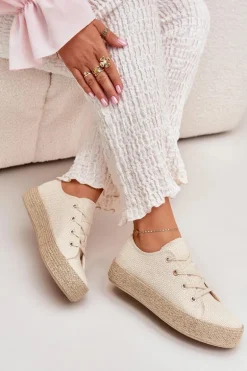 Trampki Damskie Na Platformie Z Plecionką Beżowe Princa