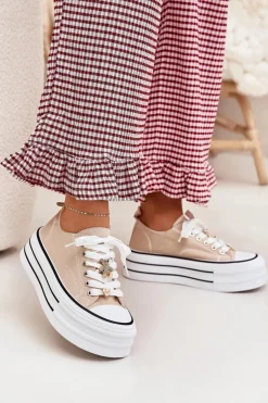 Trampki Damskie Na Platformie Ze Złotymi Przypinkami Beżowe Fiorina