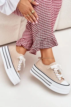 Trampki Damskie Na Platformie Ze Złotymi Przypinkami Beżowe Fiorina