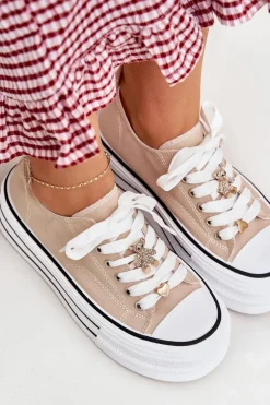 Trampki Damskie Na Platformie Ze Złotymi Przypinkami Beżowe Fiorina