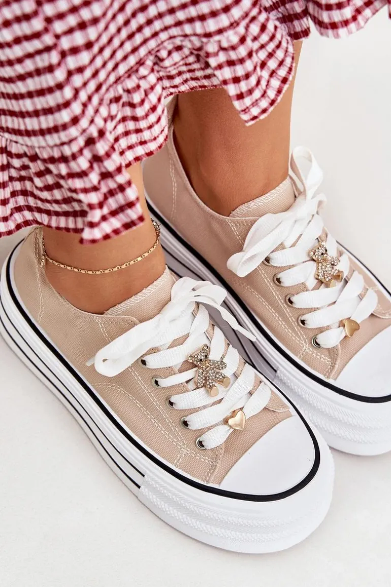 Trampki Damskie Na Platformie Ze Złotymi Przypinkami Beżowe Fiorina