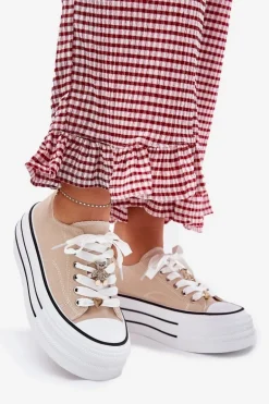 Trampki Damskie Na Platformie Ze Złotymi Przypinkami Beżowe Fiorina