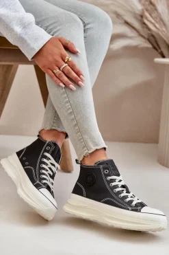 Trampki Damskie Na Platformie Eko Skórzane Big Star OO274063 Czarne