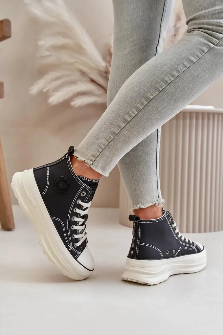 Trampki Damskie Na Platformie Eko Skórzane Big Star OO274063 Czarne