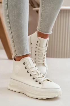 Trampki Damskie Na Platformie Eko Skórzane Big Star OO274064 Białe