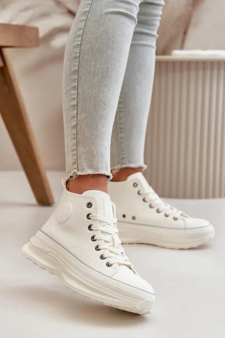 Trampki Damskie Na Platformie Eko Skórzane Big Star OO274064 Białe