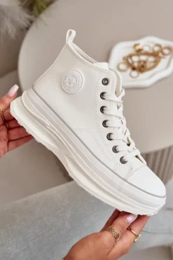 Trampki Damskie Na Platformie Eko Skórzane Big Star OO274064 Białe