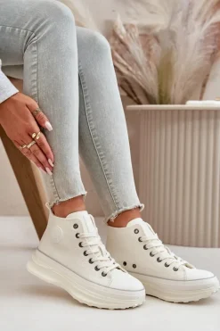 Trampki Damskie Na Platformie Eko Skórzane Big Star OO274064 Białe