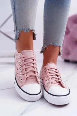 Trampki Damskie Niskie Koronkowe Różowe Veroli