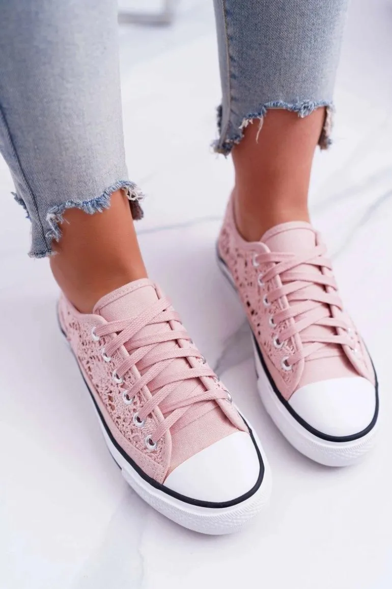 Trampki Damskie Niskie Koronkowe Różowe Veroli