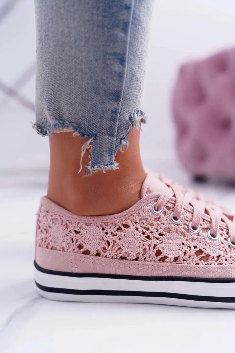Trampki Damskie Niskie Koronkowe Różowe Veroli