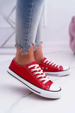 Trampki Damskie Niskie Materiałowe Czerwone FreeTime