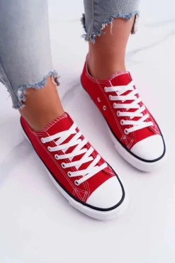 Trampki Damskie Niskie Materiałowe Czerwone FreeTime