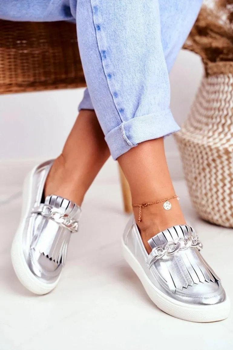 Trampki Damskie Slip On Lu Boo Lustrzane Mokasyny Z Frędzlami Nefrette