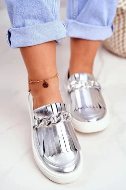 Trampki Damskie Slip On Lu Boo Lustrzane Mokasyny Z Frędzlami Nefrette