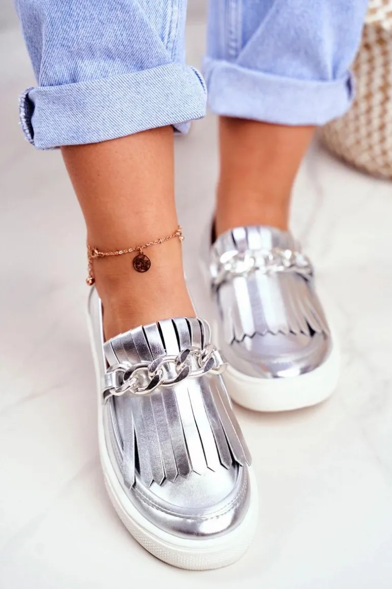 Trampki Damskie Slip On Lu Boo Lustrzane Mokasyny Z Frędzlami Nefrette