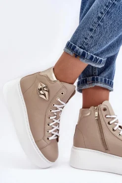 Trampki Damskie Wysokie Na Suwak Lemar Beżowe Katerin