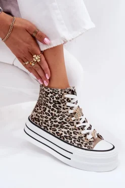 Trampki Damskie Wysokie Na Masywnej Platformie Z Przypinkami Panterka Złote Olivana