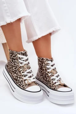 Trampki Damskie Wysokie Na Masywnej Platformie Z Przypinkami Panterka Złote Olivana
