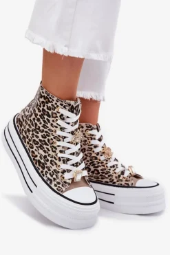 Trampki Damskie Wysokie Na Masywnej Platformie Z Przypinkami Panterka Złote Olivana