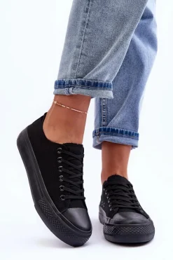 Trampki Klasyczne Niskie Na Platformie Czarne Jazlyn - Czarna podeszwa