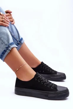 Trampki Klasyczne Niskie Na Platformie Czarne Jazlyn - Czarna podeszwa