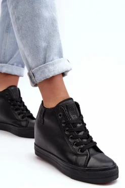 Trampki Skórzane Damskie Na Koturnie Big Star MM274001 Czarne