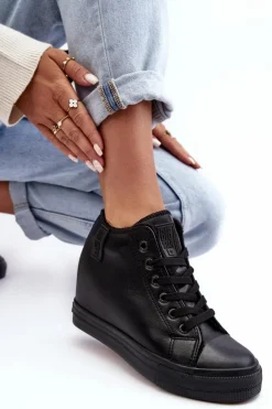 Trampki Skórzane Damskie Na Koturnie Big Star MM274001 Czarne