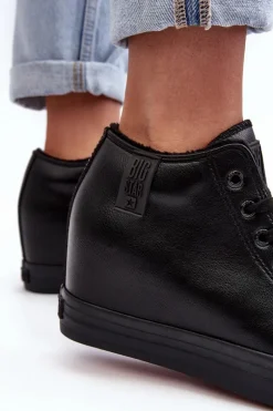 Trampki Skórzane Damskie Na Koturnie Big Star MM274001 Czarne