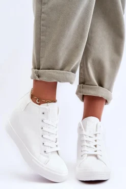 Trampki Skórzane Damskie Na Koturnie Big Star MM274002 Białe