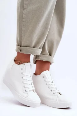 Trampki Skórzane Damskie Na Koturnie Big Star MM274002 Białe