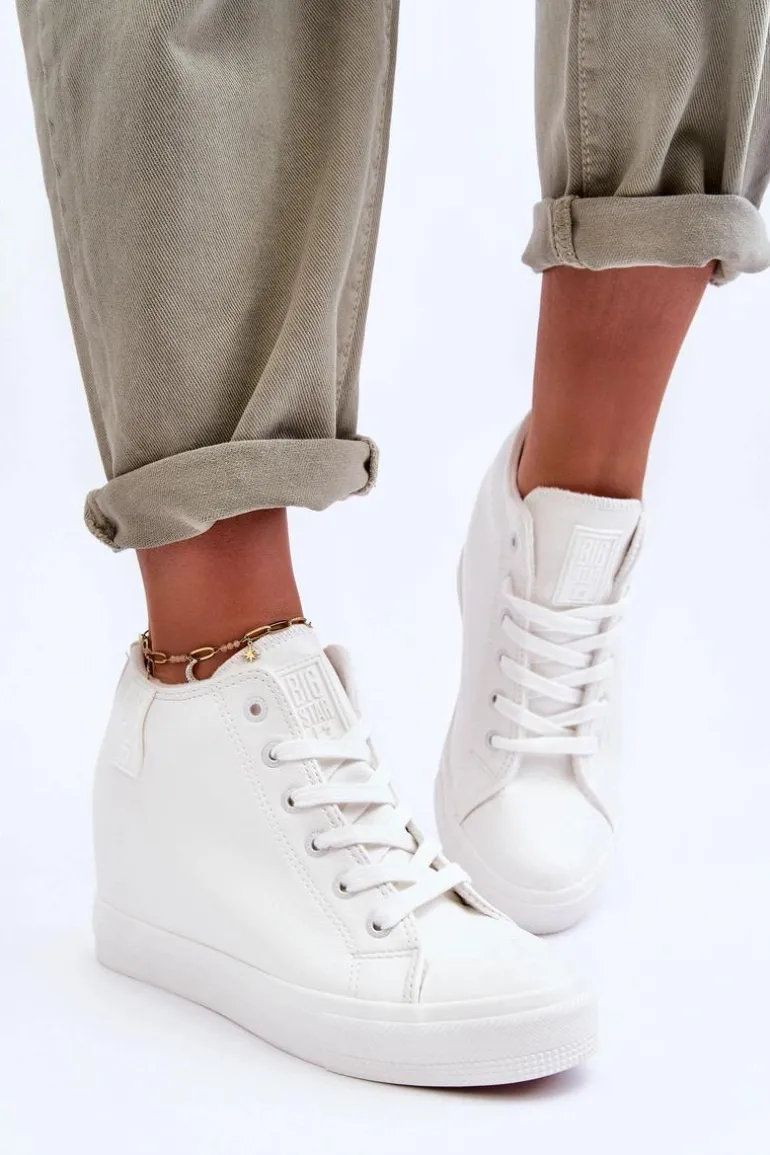 Trampki Skórzane Damskie Na Koturnie Big Star MM274002 Białe