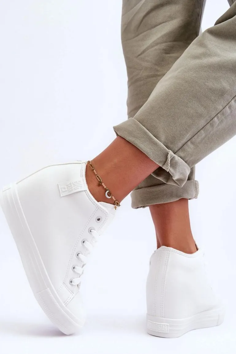 Trampki Skórzane Damskie Na Koturnie Big Star MM274002 Białe